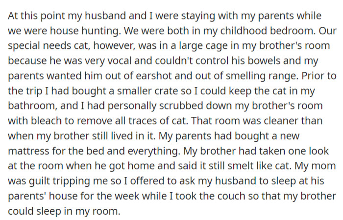 Staying at her parents' during house hunting, OP and her husband used her childhood room, while their cat was in her brother's room. Even after thorough cleaning, her brother claimed of cat odor, leading her to suggest her husband stay elsewhere and her taking the couch for him.