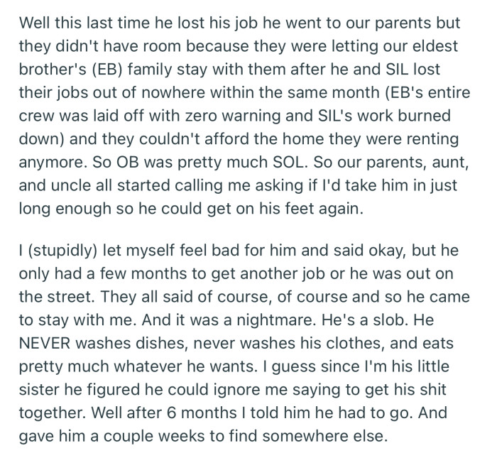 OP Agreed to Take in Her Brother After He Lost His Job, but After Six Months of Being Unproductive, She Decided It Was Time for Him to Go
