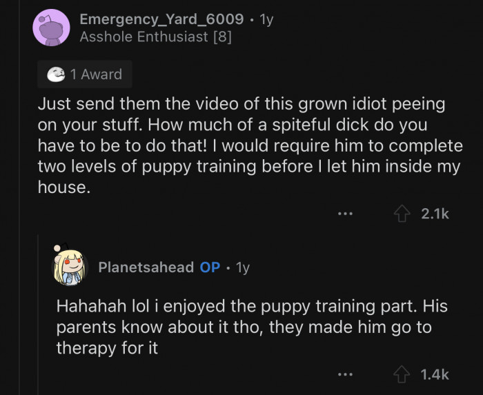 The BIL went to therapy after the peeing incident.