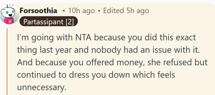 Offering the money and still getting lectured makes the whole thing feel less like a fix and more like a performance.