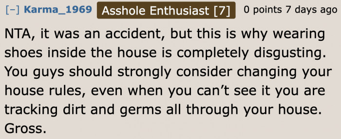 A Redditor suggests changing their house rules about outdoor shoes.