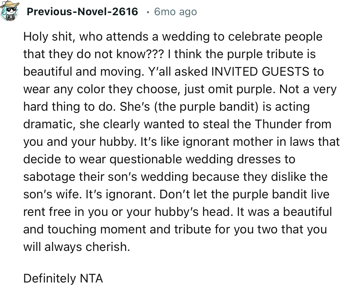 “Don’t let the purple bandit live rent-free in you or your hubby’s head.”