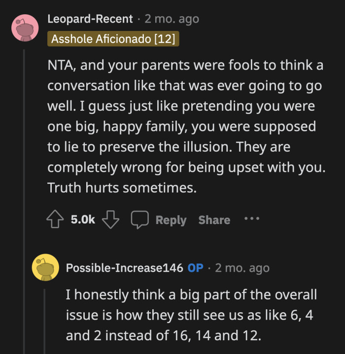 Since they still treat them like small kids, they didn't expect them to have their own thoughts and feelings.