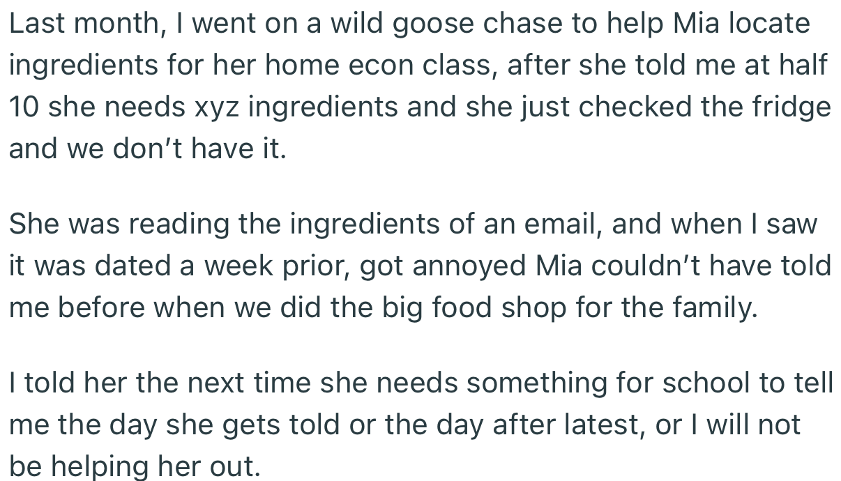 OP warned her daughter, Mia, that there would be consequences for informing her late about school-related items that need to be bought
