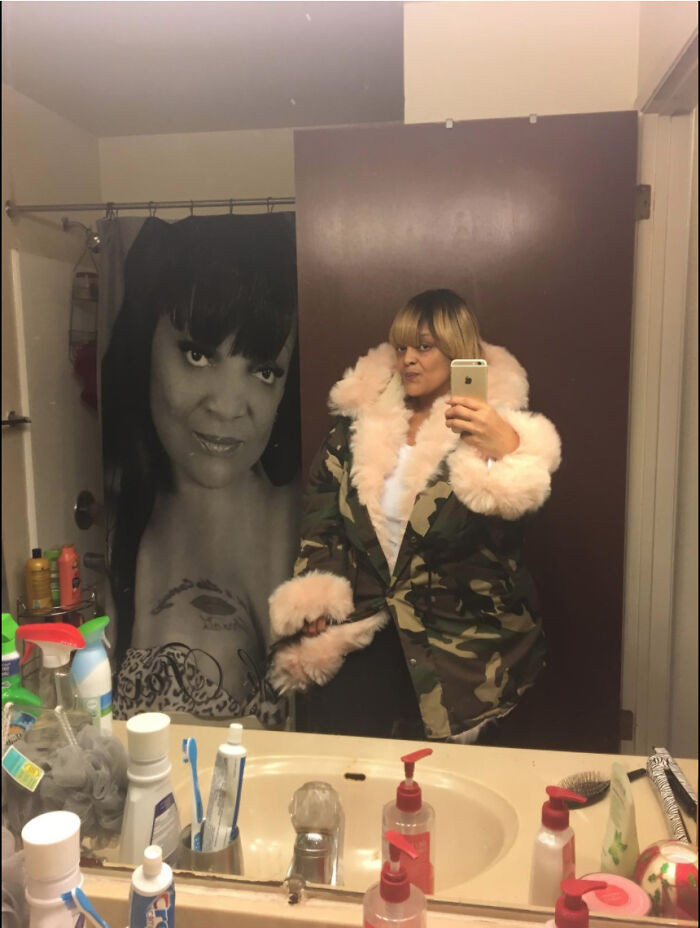 "Browsing Customer Photos On Amazon And This Woman Has Her Own Face On Her Shower Curtain"