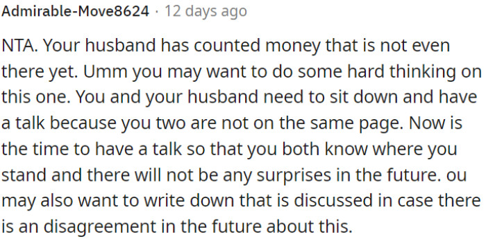 OP's husband counted nonexistent money; it's time for a serious discussion