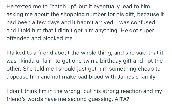 Josh blocked OP after finding out that she got James a gift, without caring to do the same for him