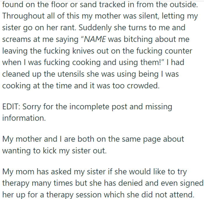 Any attempts at compromise are met with indifference or outright hostility, which came to a head in a recent heated argument involving OP and their mother.