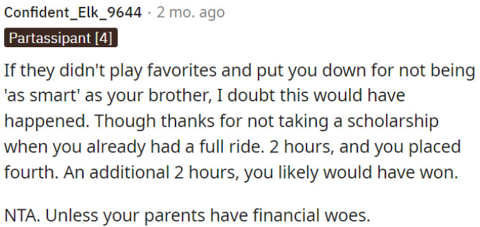 OP's parents show a clear bias or preference for one child over the other.