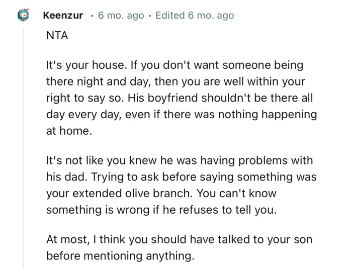 “At most, I think you should have talked to your son before mentioning anything.“