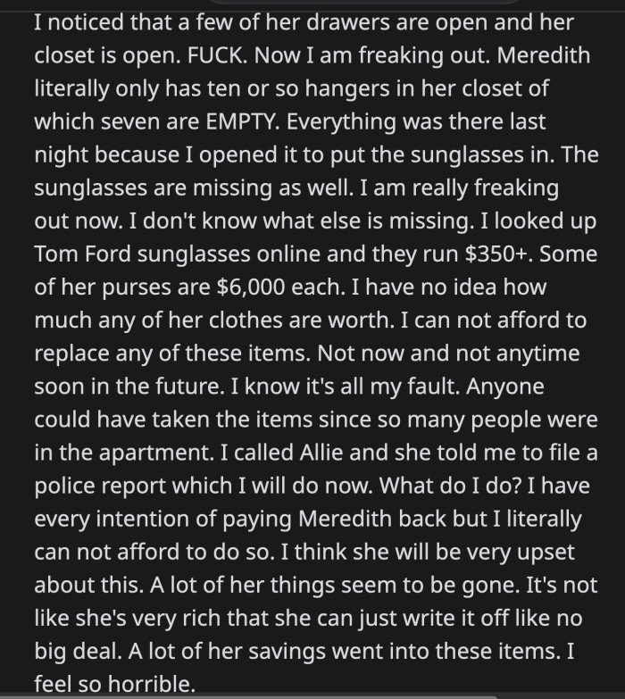 OP intends to pay Meredith back, but it will take a long time for her to recoup the cost. This will undoubtedly affect their cordial relationship as well.