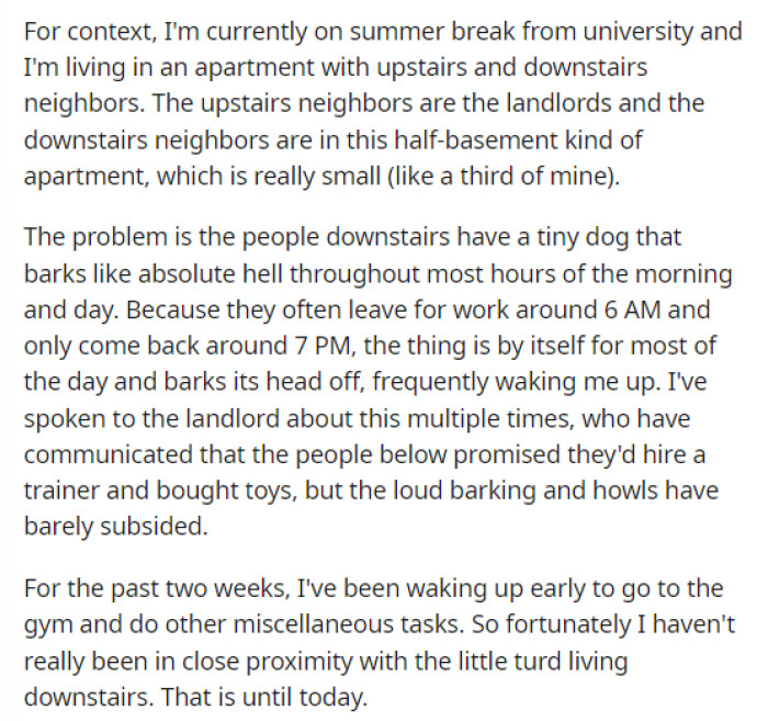 OP's post explains the situation with the dog and their neighbors by telling us that they've tried to address the issue before.