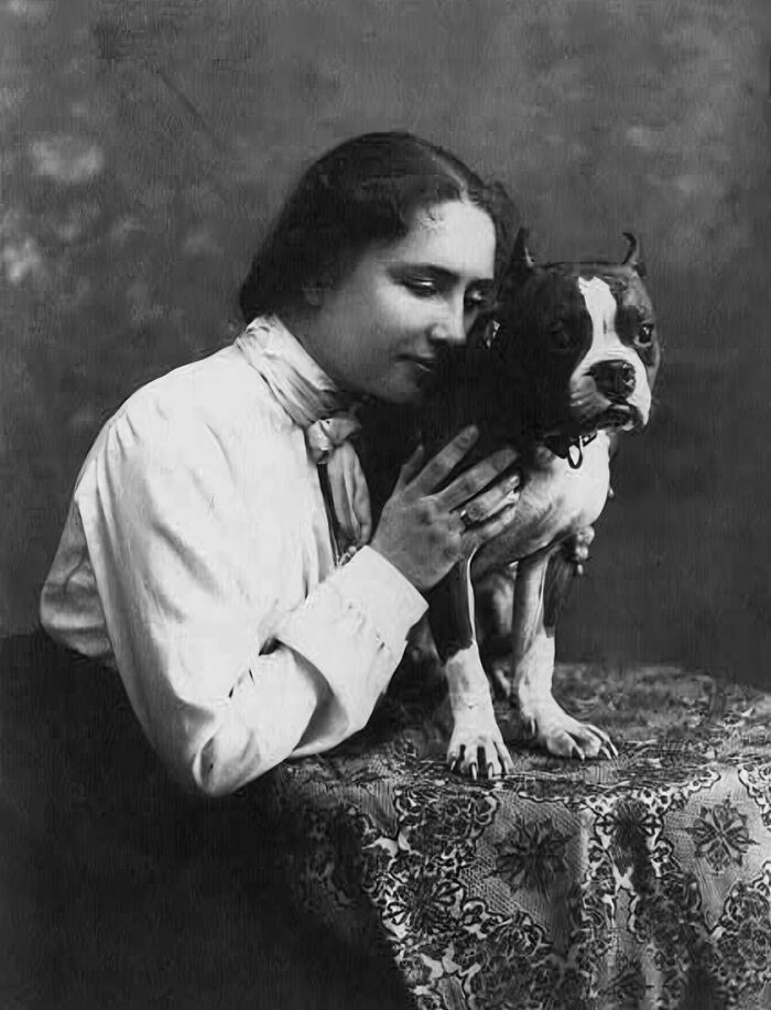 "Helen Keller Posing With Her Dear Dog, From Glass Negative, Circa 1902"
