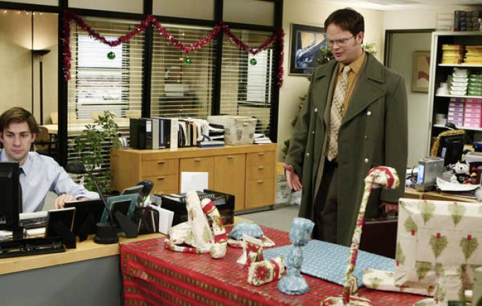 19. The wrapped-up desk is another perfect example of one of Jim's pranks.