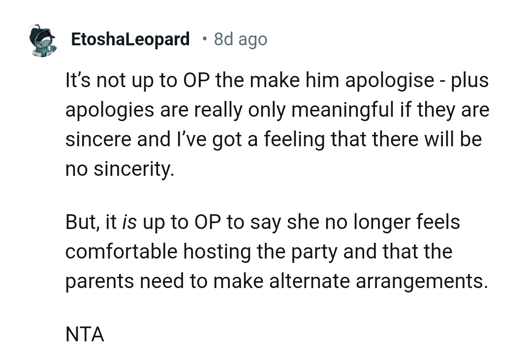 The OP doesn't feel comfortable hosting the party