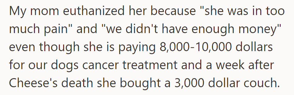 OP's Mom Euthanized Cheese, Citing Pain and Money, but Spent Thousands on the Dog's Cancer Treatment and Bought a $3,000 Couch Soon After.