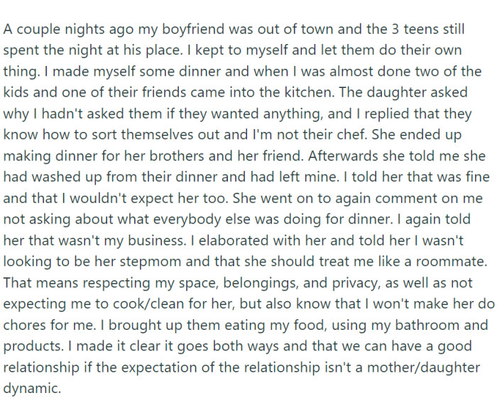 One night, while the boyfriend is out of town, she has a conversation with the eldest daughter about these issues,