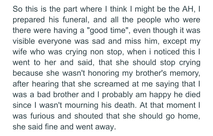OP Scolded His Wife and Sent Her Home for Crying During His Brother’s Funeral