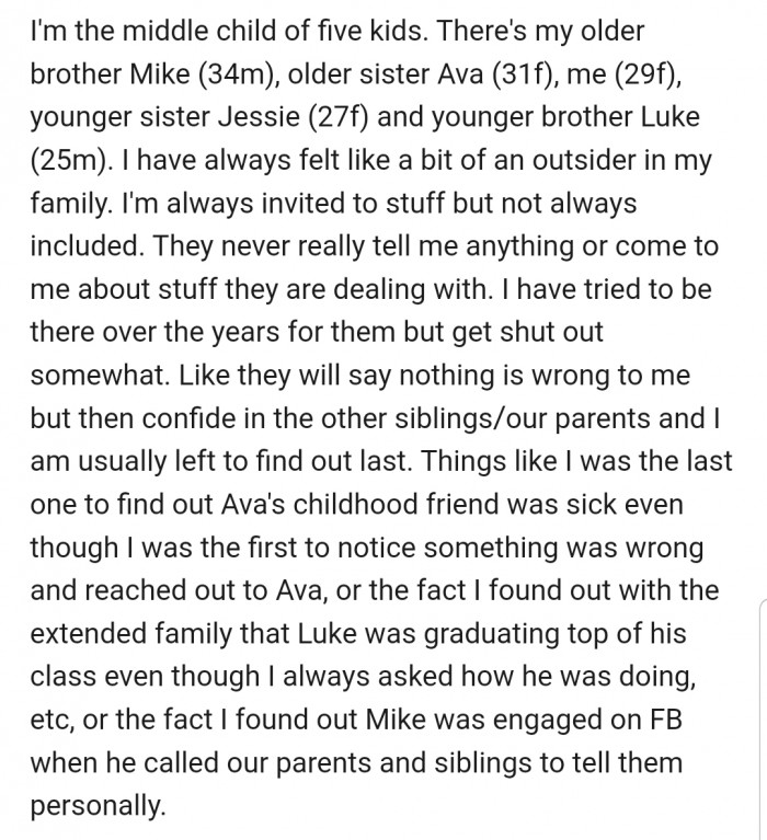 OP explained that she has always felt neglected and sidelined by her family members