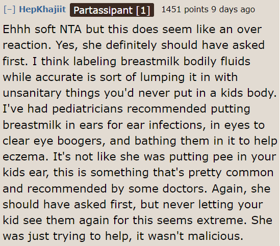 One user believes the OP overreacted because the SIL had no ill intentions when she treated the OP's child.