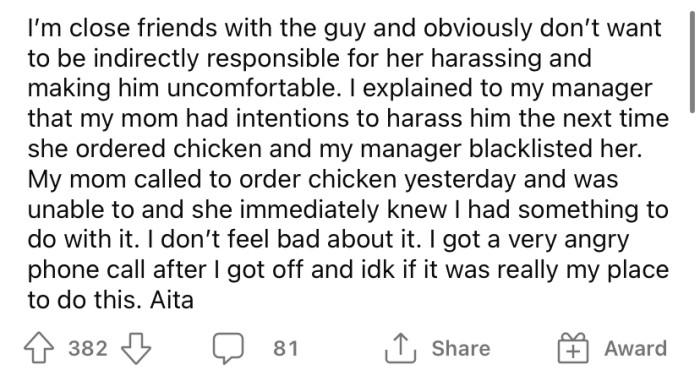 She took matters into her own hands and had her manager blacklist her mom from the deli.