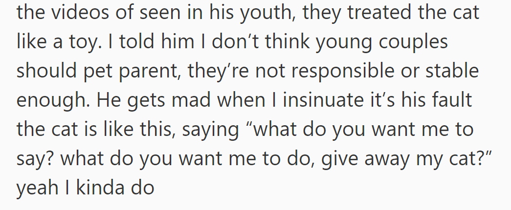 She expressed concerns about how their past treatment affected the cat; he gets defensive and is unwilling to rehome it.