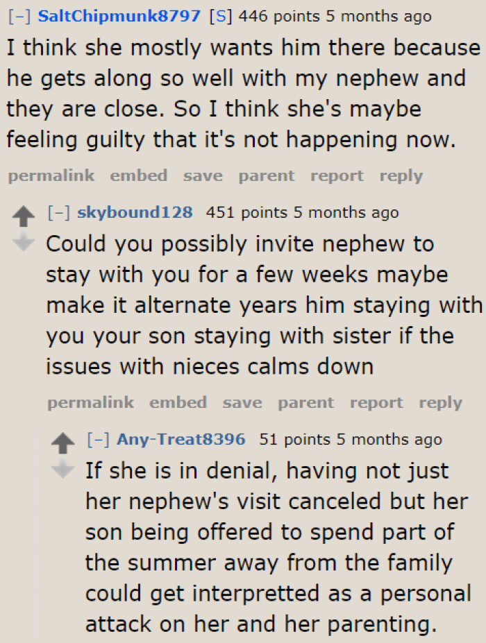 The sister probably feels bad that her son won't be able to bond with her nephew, according to the OP.