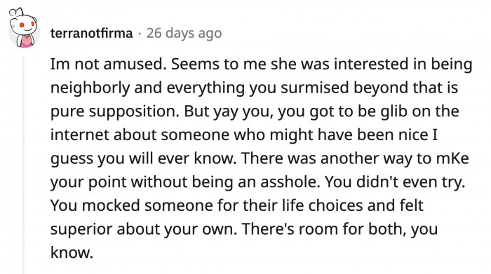 A commenter accused OP of acting superior and being judgemental to a person who just wanted to socialize