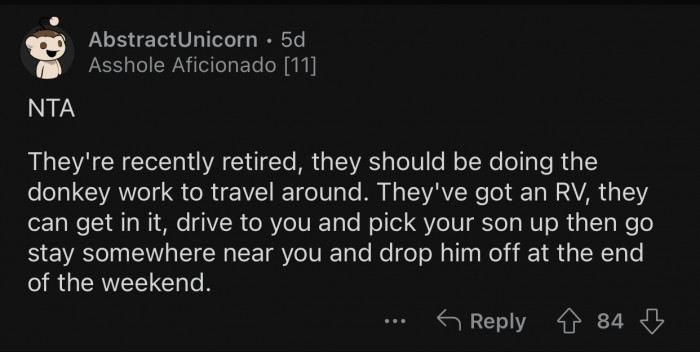 The in-laws are retired and should be the ones doing the donkey work.