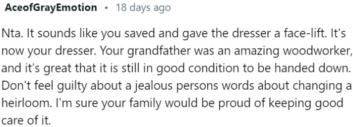 OP saved and rejuvenated the dresser, making it their own