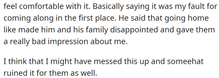Her husband blames her for the poor relationship with his family, so she wonders if she has ruined their relationship even more by leaving: