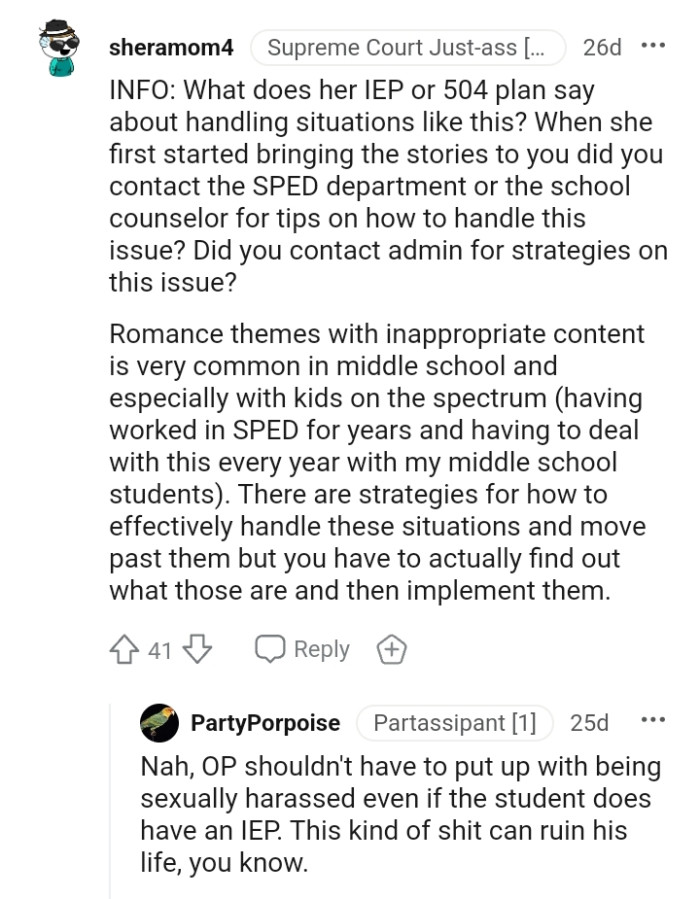 This Redditor says that romance themes with inappropriate content are very common in middle school