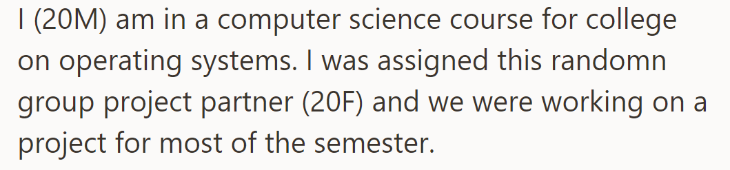 OP partners with a girl classmate for a college OS project, working together all semester.