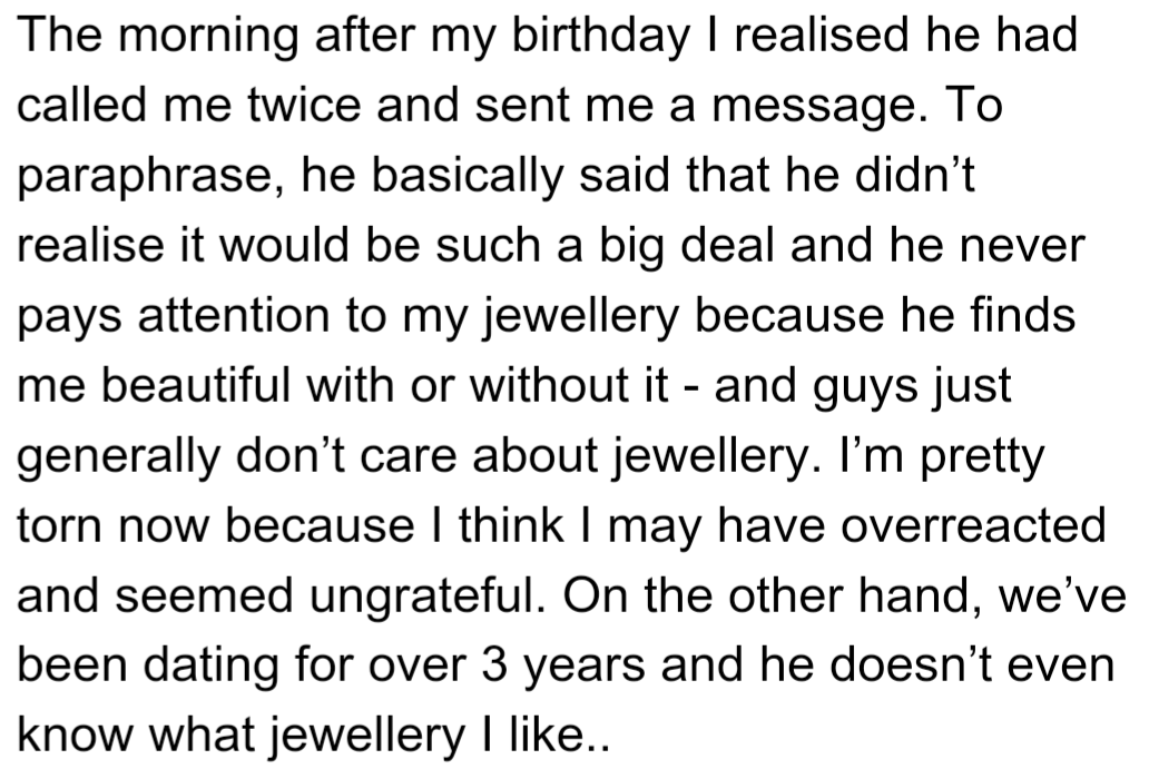 However, OP is torn between thinking she overreacted and feeling frustrated that, after three years, her partner still doesn't know her preferences.