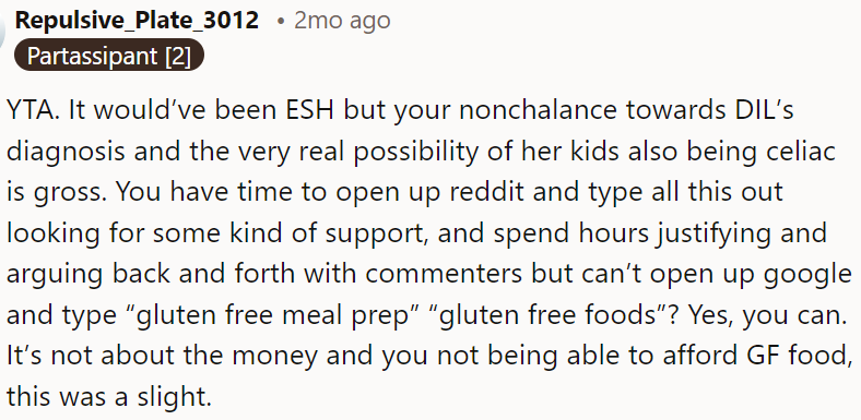 The OP is the one in the wrong here. She could have easily looked up gluten-free meal options. It's not about cost; it's about showing basic consideration.