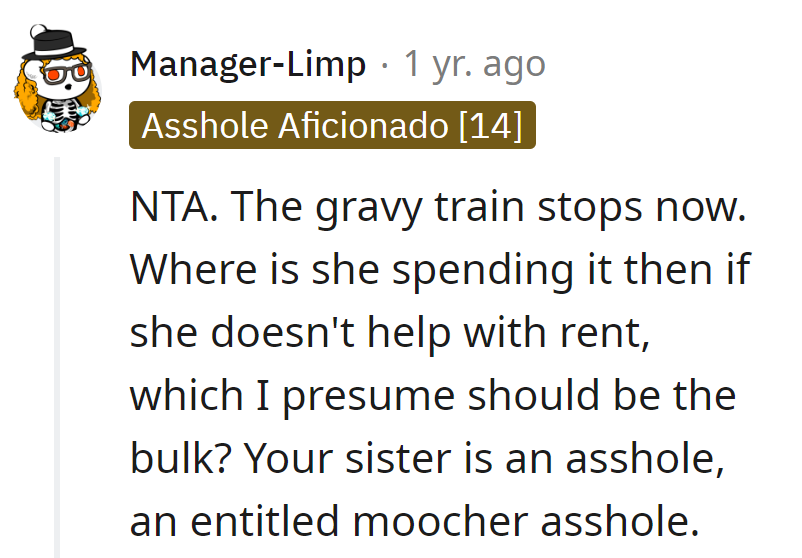 The gravy train stops now; where's the mystery spending spree if not on rent? Sister's the Picasso of entitled mooching.