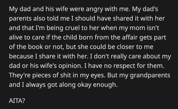 OP's dad and his wife got wind of OP's 