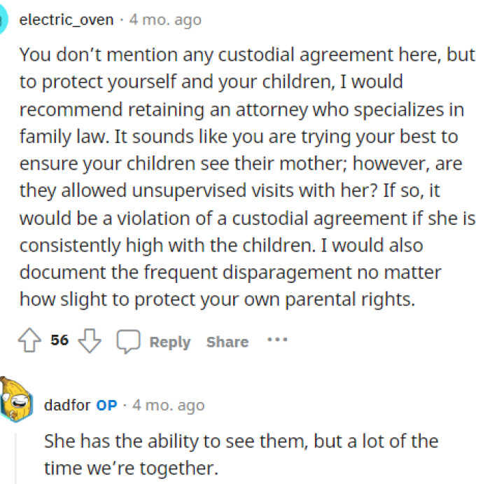 We learned a bit more about their agreement here, where he said that she is able to see them, but usually, they are all together when she does see them.