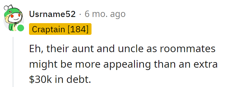 Choosing Aunt and Uncle roommates over $30k debt—college budgeting level: Expert!