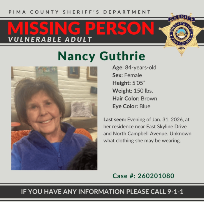 FBI agents and local police collaborate during search for missing Nancy Guthrie.