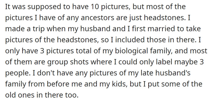 So, the OP completed the family tree project with information and photos she had: