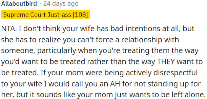 OP's wife likely means well, but she needs to understand that she can't push a relationship onto someone.