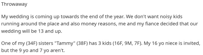 OP starts off by explaining that her wedding is coming up and what type of rules she's having for who can attend.