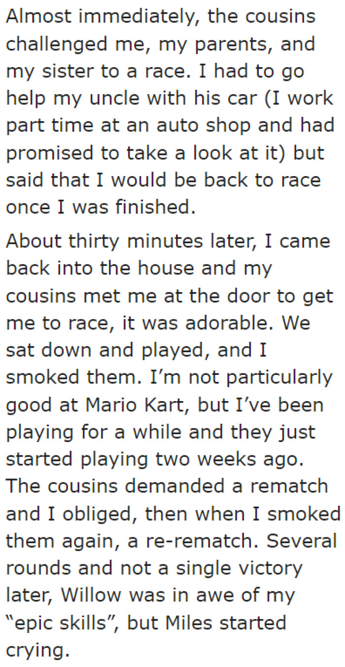 The original poster (OP) was invited by his younger cousins to play Mario Kart.