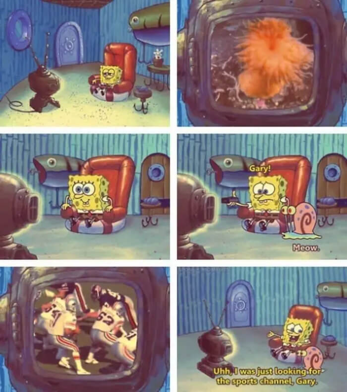 15. SpongeBob switching channels to sports after getting caught by Gary