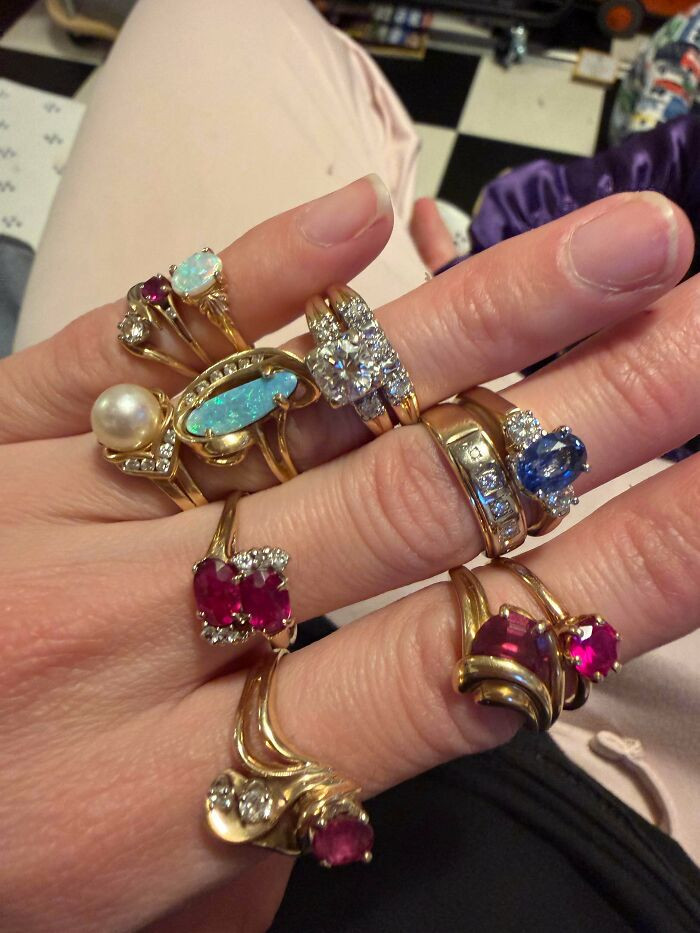 "I Thrifted A Pair Of Black Boots For $8 And To My Surprise They Had A Bag Of Rings Hidden In The Toe"