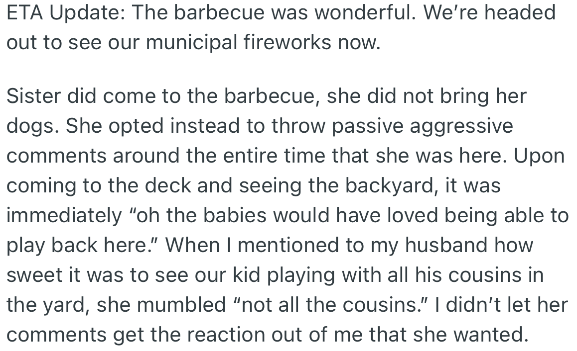 OP’s sister attended the party alone and chose to make daunting comments every chance she got.