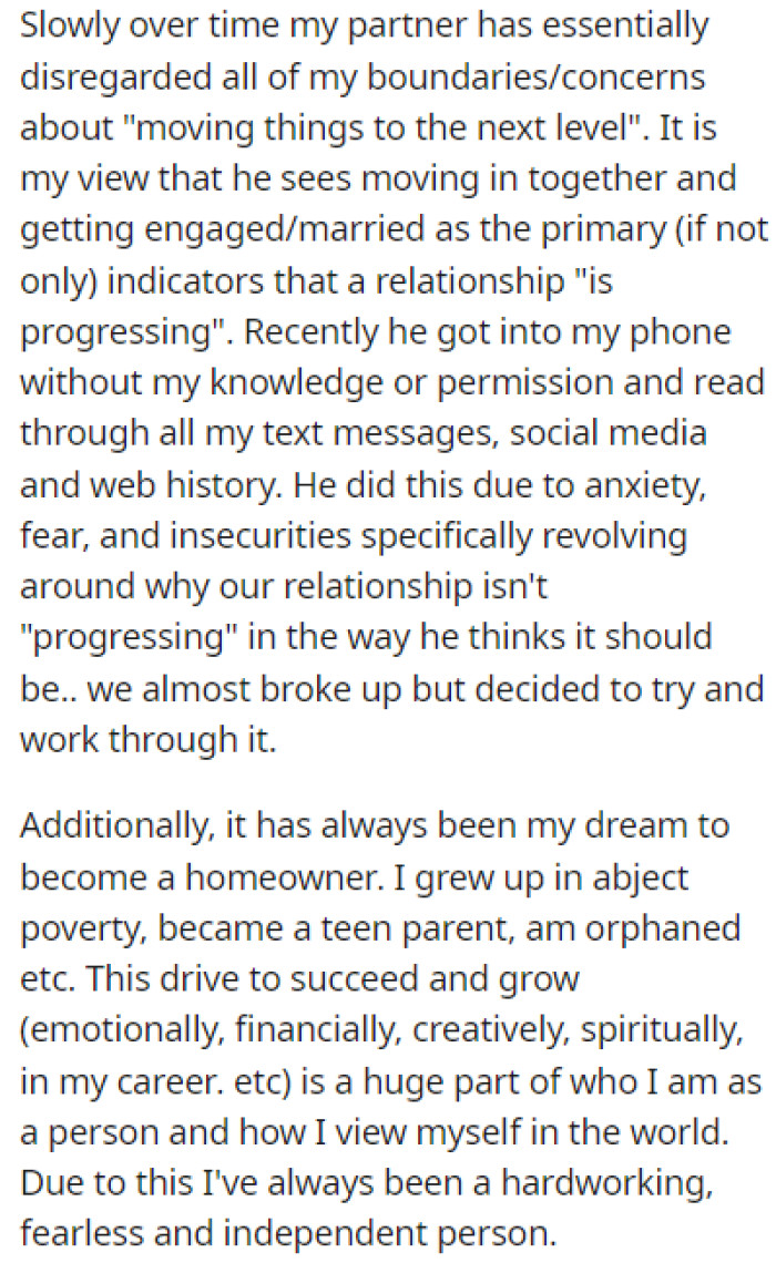 OP noticed that her partner has been disregarding all of her boundaries regarding the relationship's progress