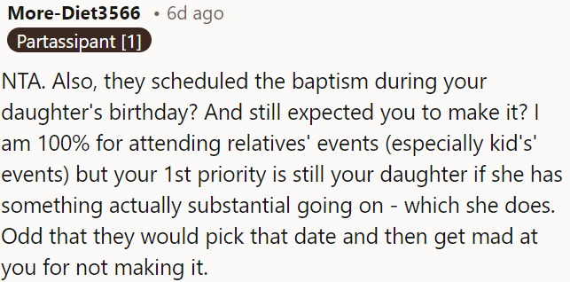 It's strange that they scheduled the baptism on OP's daughter's birthday and then got upset when OP couldn't attend.