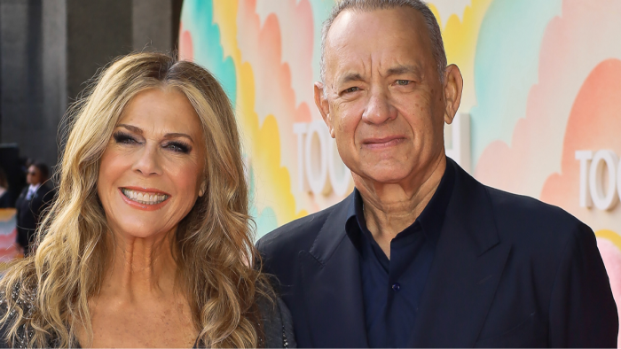 Tom Hanks speaking in an interview, discussing faith and family with Rita Wilson